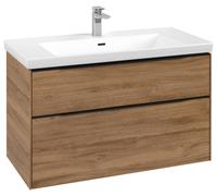 Villeroy & Boch Subway 3.0 armoire sous lavabo, 2 tiroirs, 973x576x478mm, C57001RH, Couleur: Façade/carcasse : Chêne du Kansas, poignée : Noir Volcan