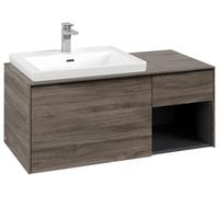 Villeroy & Boch Subway 3.0 armoire sous lavabo, 2 tiroirs, lavabo à gauche, élément d'étagère en bas à droite, 1001x422,5x516mm, C57201RK, Couleur: Façade/carcasse : Chêne de pierre, poignée : Noir Vo