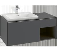 Villeroy & Boch Subway 3.0 armoire sous lavabo, éclairage LED, 2 tiroirs, lavabo à gauche, élément d'étagère en bas à droite, 1001x422,5x516mm, C572L1AA, Couleur: façade/corps : White Oak, poignée : V