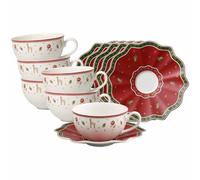 Villeroy & Boch Toy's Delight Lot de 6 tasses à café au lait avec soucoupes, 300 ml, service à cappuccino de Noël pour 6 personnes, en porcelaine de qualité supérieure, rouge/blanc