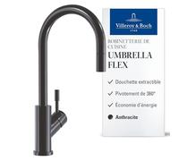 Villeroy & Boch Umbrella Flex robinetterie de cuisine haute pression, robinetterie d’évier avec douchette extractible et plage de pivotement de 360°, économie d’eau, hauteur du bec 220 mm, Anthracite