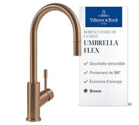 Villeroy & Boch Umbrella Flex robinetterie de cuisine haute pression, robinetterie d’évier avec douchette extractible et plage de pivotement de 360°, économie d’eau, hauteur du bec 220 mm, Bronze