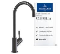 Villeroy & Boch Umbrella robinetterie cuisine hte pression, robinetterie d’évier avec ColdStart économe en énergie, cartouche céramique et pivot. 360°, économ. d’eau, hteur bec 275 mm, Anthracite