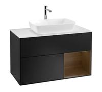 Villeroy & Boch V&B Finion 100 Meuble sous lavabo avec éclairage mural, blanc mat, poignée bois noyer, bleu mat laqué Quantité:1