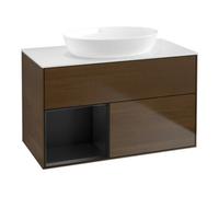 Villeroy & Boch V&B Finion 100 Meuble sous lavabo avec éclairage mural, blanc, tiroir bleu avec laque, noyer veneer Quantité:1