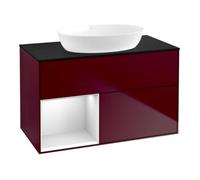 Villeroy & Boch V&B Finion 100 Meuble sous lavabo avec éclairage mural, bleu, étagère blanche laquée, poignée métal Quantité:1