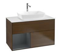 Villeroy & Boch V&B Finion 100 Meuble sous-lavabo, éclairage mural, blanc, avec tiroir médian laqué, veinage noyer Quantité:1