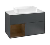 Villeroy & Boch V&B Finion 100 Meuble sous lavabo Éclairage mural, blanc mat, porte gauche, chêne veiné, avec miroir laqué bleu Quantité:1