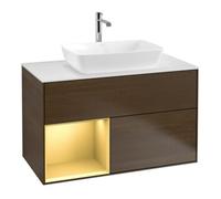 Villeroy & Boch V&B Finion 100 Meuble sous lavabo, éclairage mural, blanc mat, réglette or mat, noyer veinée Quantité:1