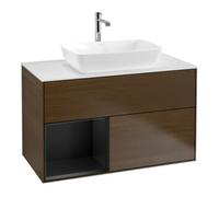 Villeroy & Boch V&B Finion 100 Meuble sous lavabo, éclairage mural, blanc mat, tablette bleue mat, noyer verni Quantité:1