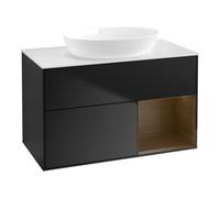 Villeroy & Boch V&B Finion 100 Meuble sous lavabo, éclairage mural, blanc mat, tiroir noyer veinée, façade laquée bleue Quantité:1