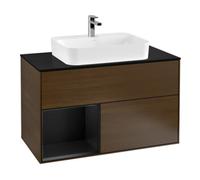 Villeroy & Boch V&B Finion Meuble sous lavabo 100 cm, éclairage mural, placard gauche, bleu mat, laqué, noyer veinée Quantité:1