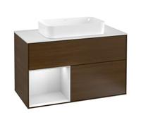 Villeroy & Boch V&B Meuble sous lavabo avec plan de toilette blanc Finion 100x60,3 cm, étagère gauche blanc mat Lac, placage noyer Quantité:1