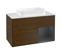 Villeroy & Boch V&B Meuble sous-lavabo avec plan de toilette blanc Finion 100x60,3 cm, tiroir droit, façade bleu mat laqué, noyer veiné Quantité:1