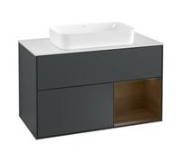 Villeroy & Boch V&B Meuble sous lavabo avec plan de toilette blanc Finion 100x60,3 cm, tiroir droite, finition noyer, poignée métal laqué bleu Quantité:1