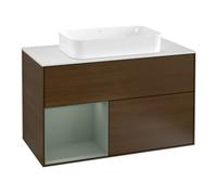 Villeroy & Boch V&B Meuble sous-lavabo avec plan de toilette blanc m Finion 100x60,3 cm, étagère gauche, huile m laque, noyer veinée Quantité:1