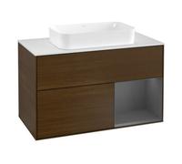 Villeroy & Boch V&B Meuble sous-lavabo avec plan de travail blanc Finion 100x60,3 cm, étagère droite anthracite, poignée bois de noyer Quantité:1