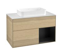 Villeroy & Boch V&B Meuble sous lavabo avec plan de travail blanc Finion 100x60,3 cm, tiroir droite bleu avec laque, placage chêne Quantité:1