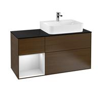 Villeroy & Boch V&B Meuble sous lavabo avec plan de travail, verre bleu, Finion 120 cm, étagère gauche, blanc, placage noyer Quantité:1