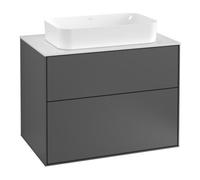 Villeroy & Boch Finion meuble sous lavabo, 2 tiroirs, avec éclairage, lavabo au centre, avec trou pour robinetterie, 800x603x501mm, Glass White Matt, G22100HJ, Couleur: Vernis mat Silk Grey