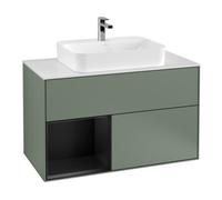 Villeroy & Boch V&B Meuble sous lavabo Finion 100, blanc mat, côté gauche, bleu mat laqué, olivier mat laqué Quantité:1