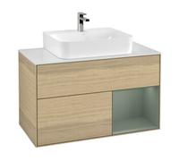 Villeroy & Boch V&B Meuble sous lavabo Finion 100, blanc mat, rangement à droite, olivier mat laqué, poignée venise Quantité:1
