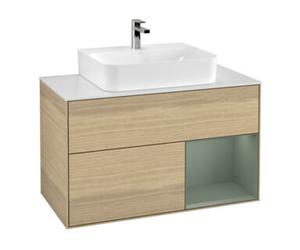 Villeroy & Boch V&B Meuble sous lavabo Finion 100, blanc mat, rangement à droite, olivier mat laqué, poignée venise Quantité:1
