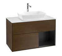 Villeroy & Boch V&B Meuble sous lavabo Finion 100, éclairage mural, blanc mat, tiroir bleu mat, noyer veneer Quantité:1