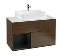 Villeroy & Boch V&B Meuble sous lavabo Finion 100, éclairage mural, pl blanc, rég gauche, bleu mat, lacqué, veinage noyer Quantité:1
