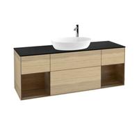Villeroy & Boch V&B Meuble sous lavabo Finion 160 cm, plan bleu mat, rangement bois naturel, ouvertures venise Quantité:1