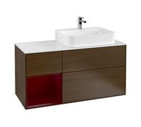 Villeroy & Boch V&B Meuble sous lavabo Plaque blanche brillante avec Finion 120 cm, étagère gauche Peony, placage noyer Quantité:1