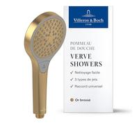 Douchette à main Villeroy & Boch Verve Showers, pomme de douche avec 3 types de jets, pomme de douche avec clapet anti-retour intégré, facile à nettoyer, pomme de douche ronde, doré brossé