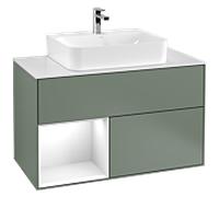 Villeroy et Boch Finion Villeroy et Boch F111GFGM 100cm, plaque de finition noir mat, étagère gauche laqué blanc brillant, Olive Matt Lacquer