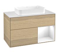 Villeroy und Boch Finion Villeroy und Boch F251GFPC 100x60,3cm, plaque de finition blanc mat, étagère à droite laqué blanc brillant, Oak Veneer