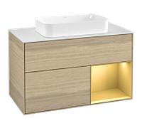 Villeroy und Boch Finion Villeroy und Boch F251HFPC 100x60,3cm, plaque de finition blanc mat, étagère droite or mat, Oak Veneer