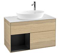 Villeroy et Boch Finion Villeroy et Boch F891PDPC 100cm, plaque de recouvrement blanc mat, étagères laqué noir mat, Oak Veneer