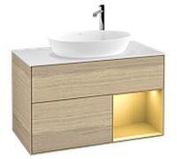 Villeroy et Boch Finion Villeroy et Boch F901HFPC 100cm, plaque de recouvrement blanc mat, étagères laqué or mat, Oak Veneer