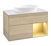 Villeroy und Boch Finion Villeroy und Boch FA21HFPC 100cm, plaque de recouvrement blanc mat, étagères laqué mat or, Oak Veneer
