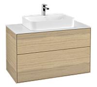 Villeroy & Boch Finion meuble sous lavabo, 2 tiroirs, avec éclairage, 1000x603x501mm, Glass White Matt, G35100PC, Couleur: Placage en chêne