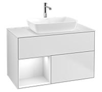 Villeroy et Boch Finion Villeroy et Boch G771GFMT 100cm, plaque de finition blanc mat, Emotion, étagères laqué blanc brillant, laqué blanc mat