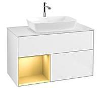 Villeroy und Boch Finion Villeroy und Boch G771HFGF 100cm, plaque de recouvrement blanc mat, Emotion, étagères laqué or mat, laqué blanc brillant