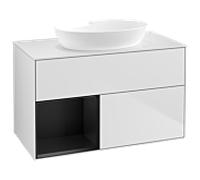 Villeroy et Boch Finion Villeroy et Boch GA11PDMT 100cm, plaque de recouvrement blanc mat, Emotion, étagères laqué noir mat, laqué blanc mat