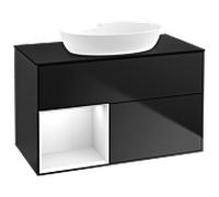 Villeroy und Boch Finion Villeroy und Boch GA12GFPD 100cm, plaque de recouvrement noire mate, Emotion, étagères en laque blanche brillante, laque noire mate
