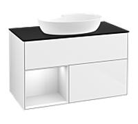 Villeroy und Boch Finion Villeroy und Boch GA12MTGF 100cm, plaque de recouvrement noire mate, Emotion, étagères en laque blanche mate, laque blanche brillante