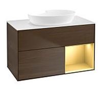 Villeroy et Boch Finion Villeroy et Boch GA21HFGN 100cm, plaque de recouvrement blanc mat, Emotion, étagères laqué or mat, placage noyer