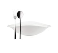 Villeroy et Boch Vapiano Ensemble Italien 6 pièces, 2 Bols à pâtes ovales en Porcelaine Premium, Couverts à Spaghetti Daily Line en INOX, adapté au Lave-Vaisselle, Blanc