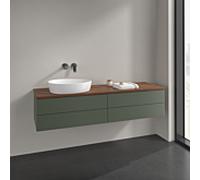 Villeroy et Boch Antao meuble sous-vasque L26012HL 160x36x50cm, plan de vasque couleur noyer chaud, laqué mat vert feuille, avec éclairage