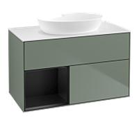 Villeroy und Boch Finion FA11PDGM 100cm, plaque de recouvrement blanc mat, étagères laqué noir mat, Olive Matt Lacquer