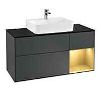 Villeroy & Boch V&B Meuble sous lavabo Finion 120 cm, placage blanc mat, poignée droite dorée mate, avec miroir lacqué bleu Quantité:1