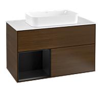 Villeroy und Boch Finion Villeroy und Boch F241PDGN 100x60,3cm, plaque de finition blanc mat, étagère gauche laqué noir mat, placage noyer